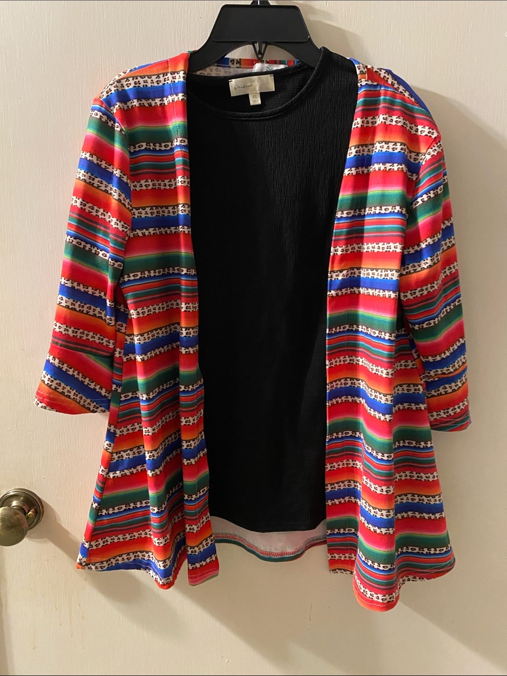 Colorful Striped Open Cardigan with Black Flutter Sleeve Top